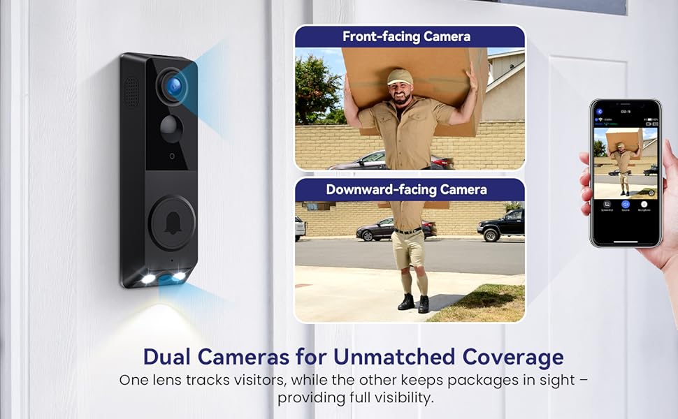 Installation guide showing smartphone app setup and mounting instructions for a black security device, with adhesive tape and screw mounting options.