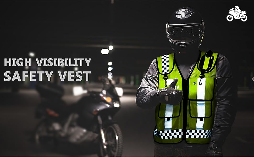 High visibility safety vest displayed on a dark background. Neon yellow with reflective strips and checkered pattern. Motorcycle visible in background.