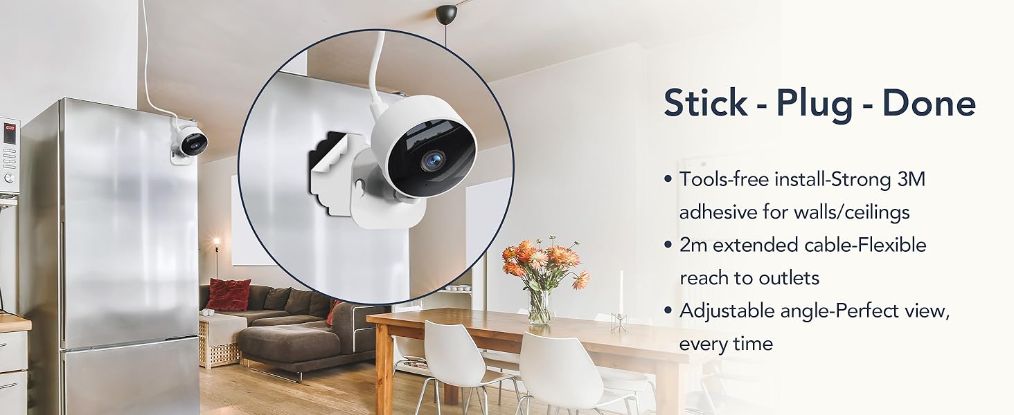 Text reads 'Stick - Plug - Done'. Multiple panels showing installation process of what appears to be home monitoring equipment with cable management features.