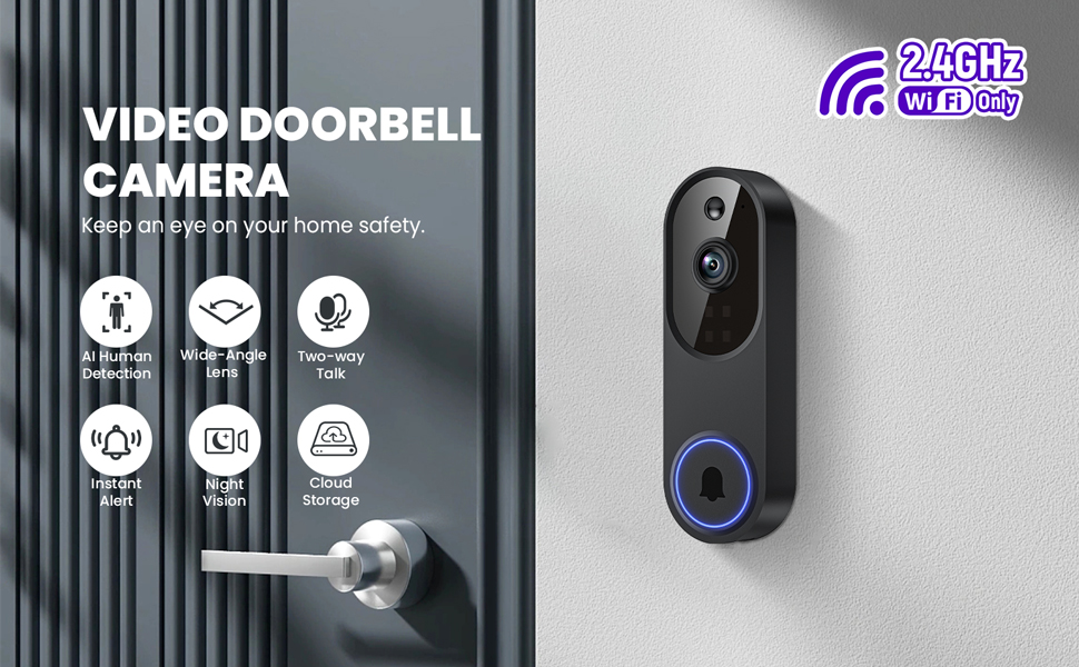 Text reads 'VIDEO DOORBELL'. Series of images showing a smart doorbell device with various interface screens and mounting options.