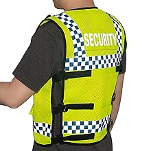 High-visibility safety vest in neon yellow with reflective stripes and checkerboard pattern. Features multiple pockets and 'SECURITY' text on chest.