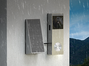 Smart home security system illustration. House model with digital overlay, smartphone displaying home controls, and icons representing various security features.