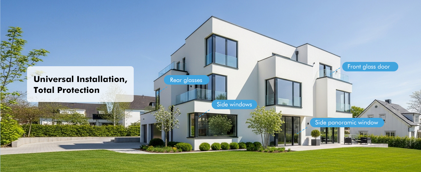 Modern white architectural structures with large glass windows set against green lawns under blue sky. Multiple building views shown.