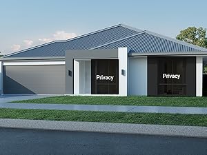Modern single-story house with blue-gray roof, white walls, and attached garage. Features a covered entryway and large windows with privacy screens.