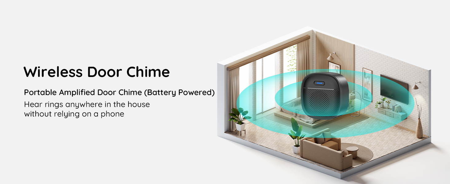 Wireless door chime device shown in a cutaway room illustration. Battery-powered, portable amplified chime for use anywhere in the home without wiring.