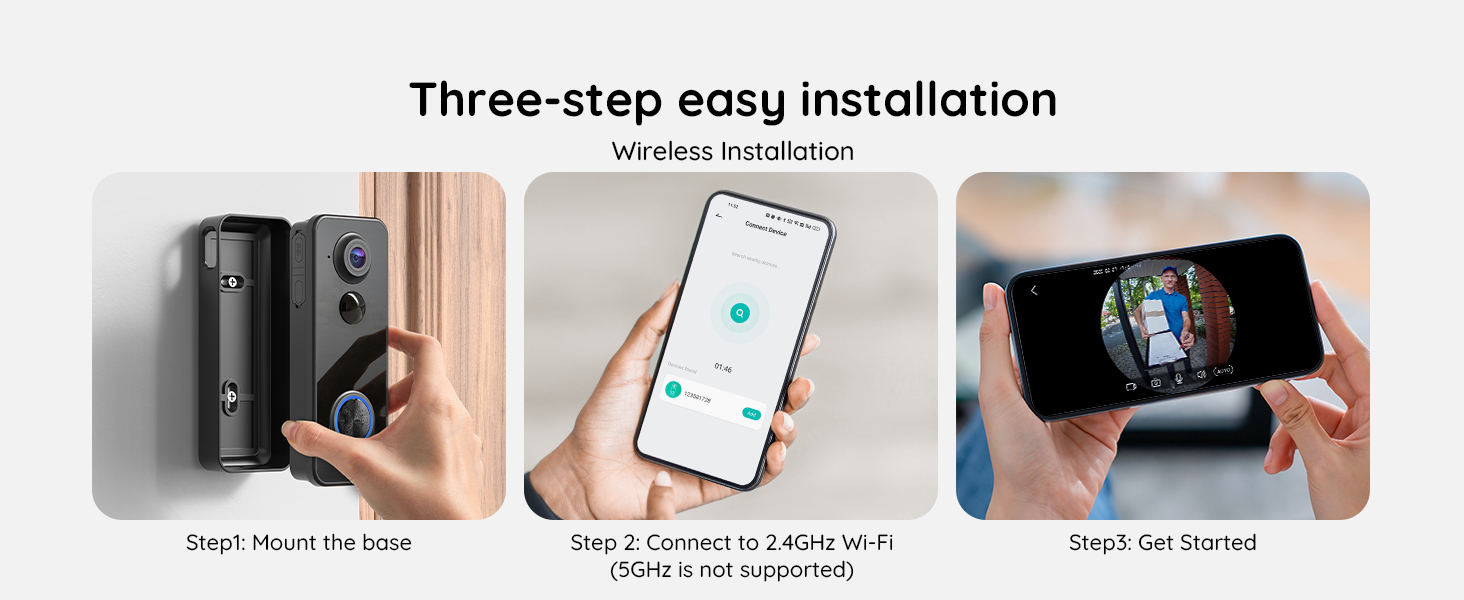 Three-step installation guide for a wireless doorbell: mounting the base, connecting to Wi-Fi, and getting started. Shows doorbell unit, smartphone app, and live video feed.