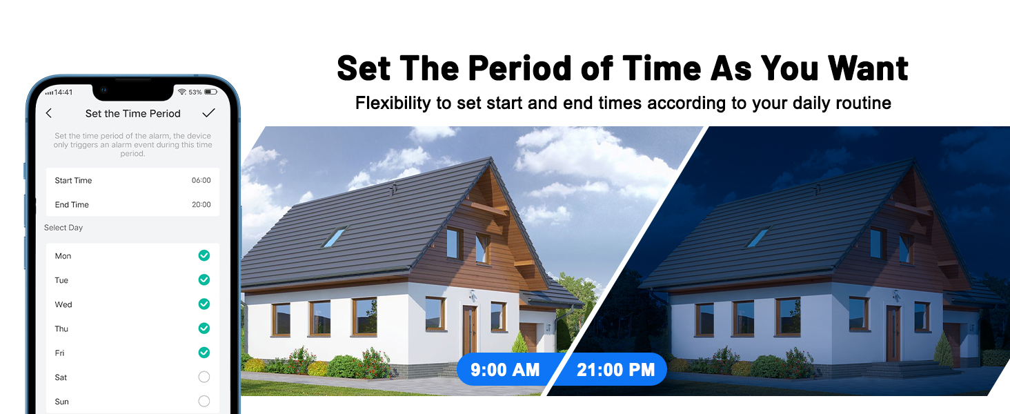 Smartphone app interface for setting time periods, with images of a house during day and night, labeled '9:00 AM' and '21:55 PM'.