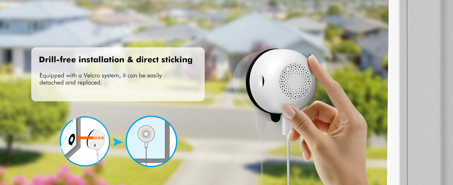 Text reads 'Drill-free installation & direct sticking'. Instructional diagram showing two-step installation process with circular icons depicting mounting method.