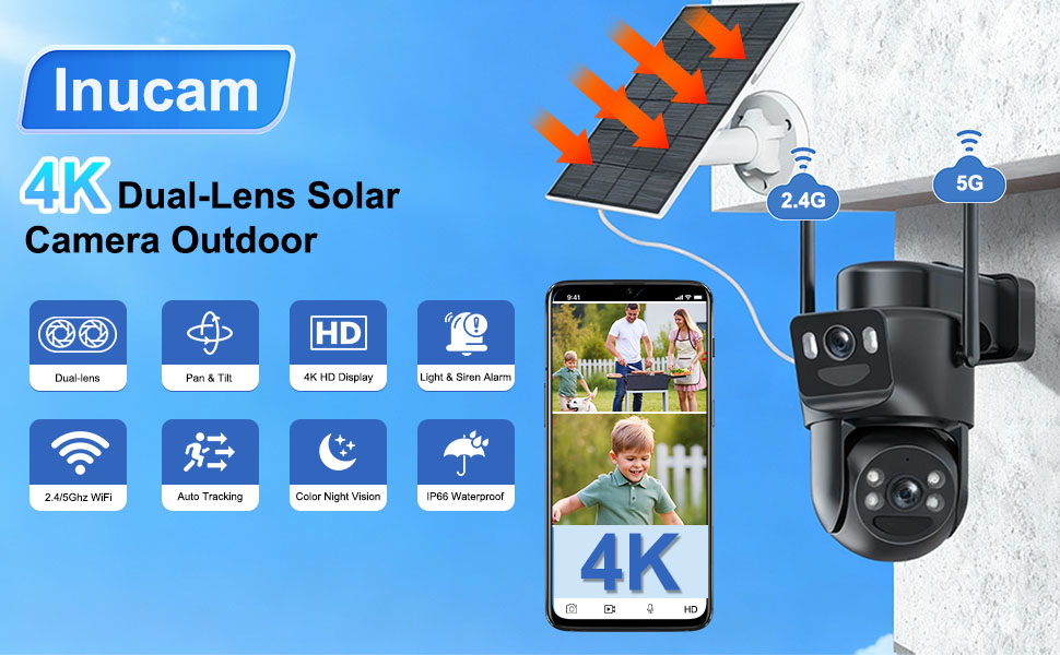 Text reads 'Inucam' and '4K Dual-Lens Solar Camera Outdoor'. Security camera product with dual lenses, showing icons for WiFi, night vision, and various connectivity features.