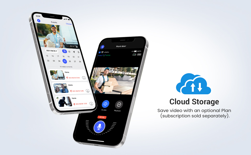 Split-screen smartphone display comparing day and night vision of a modern two-story house, demonstrating wide-angle and night vision camera capabilities.