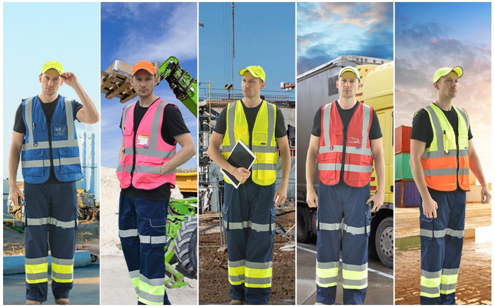 yellow orange pink blue high vis vest