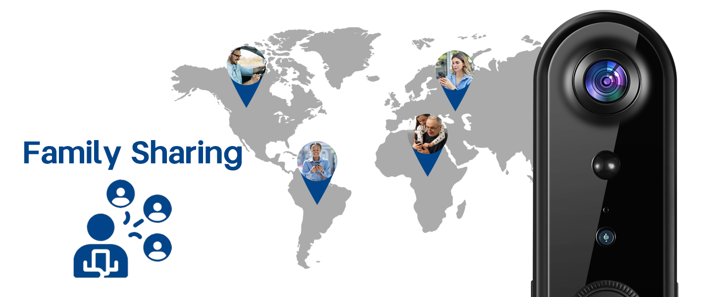 Smart video doorbell with camera mounted on wall. Smartphone displays live video feed of delivery person, demonstrating two-way audio functionality.