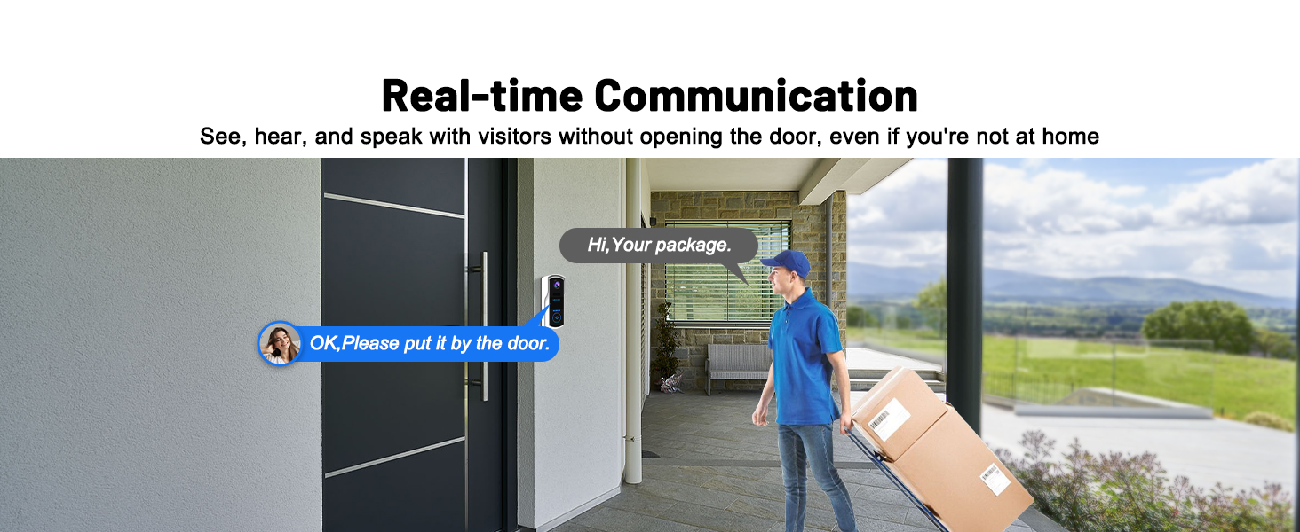 Smart doorbell interface showing real-time communication feature, with a person approaching the door visible on the screen.