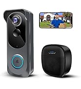 Smart video doorbell system with white housing, camera lens, and illuminated ring button, shown alongside smartphone display and separate speaker unit.