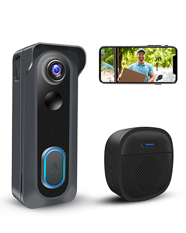 Smart doorbell camera system showing main unit with camera lens, motion sensor, and blue ring light. Includes smartphone interface and speaker unit.