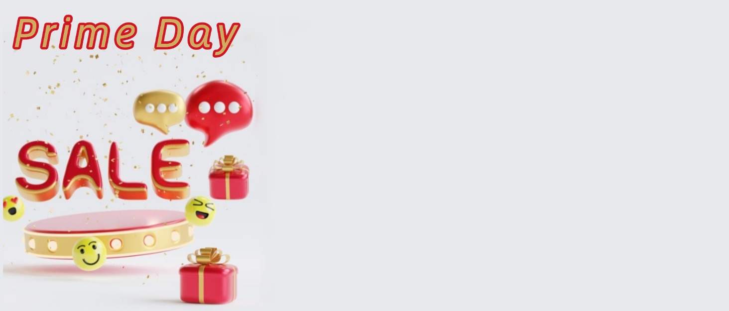 Text reads 'Prime Day SALE'. 3D graphic design featuring red text with gift box icons and chat bubble elements on light background.