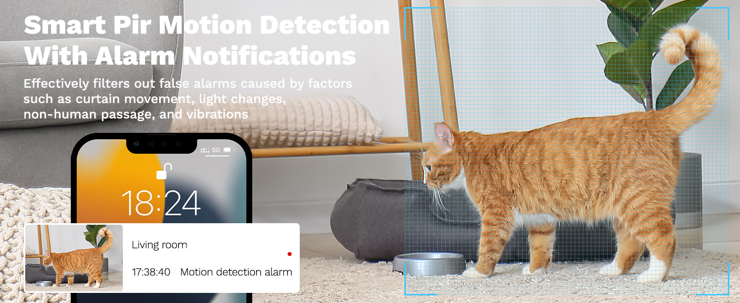 Text reads 'Smart PIR Motion Detection With Alarm Notifications'. Shows security camera interface with orange cat detection indicators and timestamp display reading '18:24'.