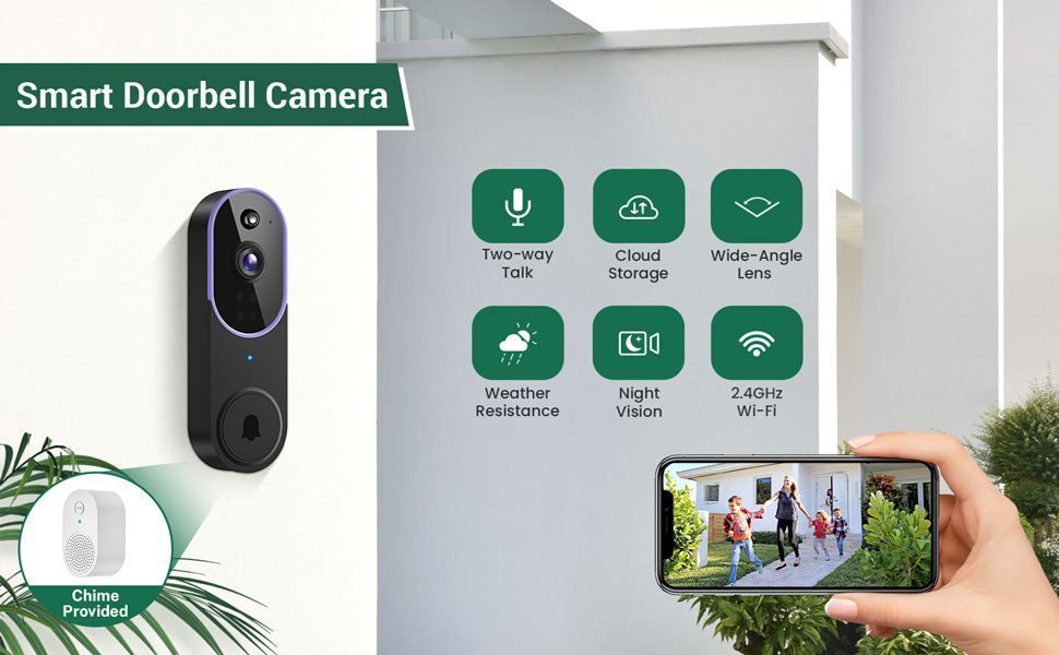 Smart doorbell camera with mobile app interface showing features like motion detection, night vision, and two-way audio. Smartphone displays live video feed from the doorbell.