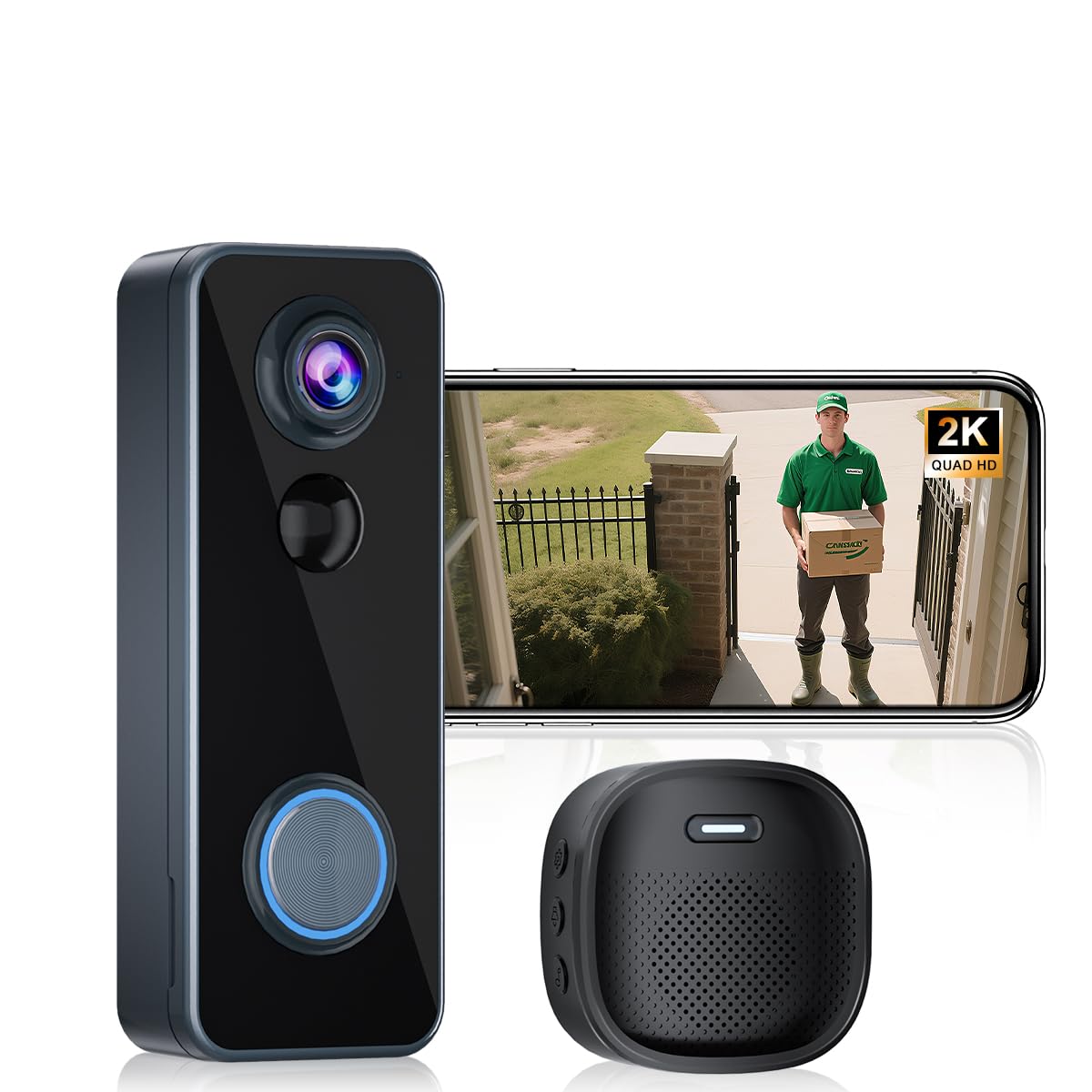 Wireless Video Doorbell Camera with Chime Head-to-Toe View 2K HD Smart WiFi Door Bell with Camera Battery Operated Motion Detection