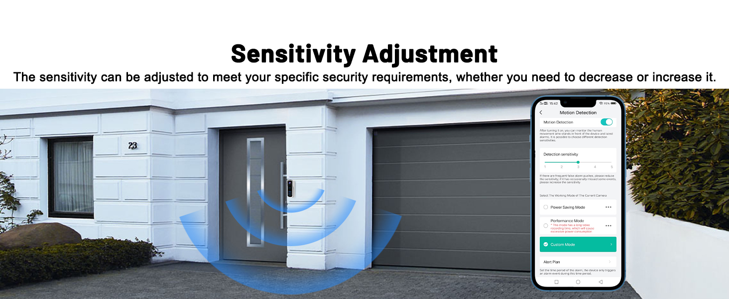 Smartphone app interface showing sensitivity adjustment for security system. Background image of house with blue motion detection overlay.