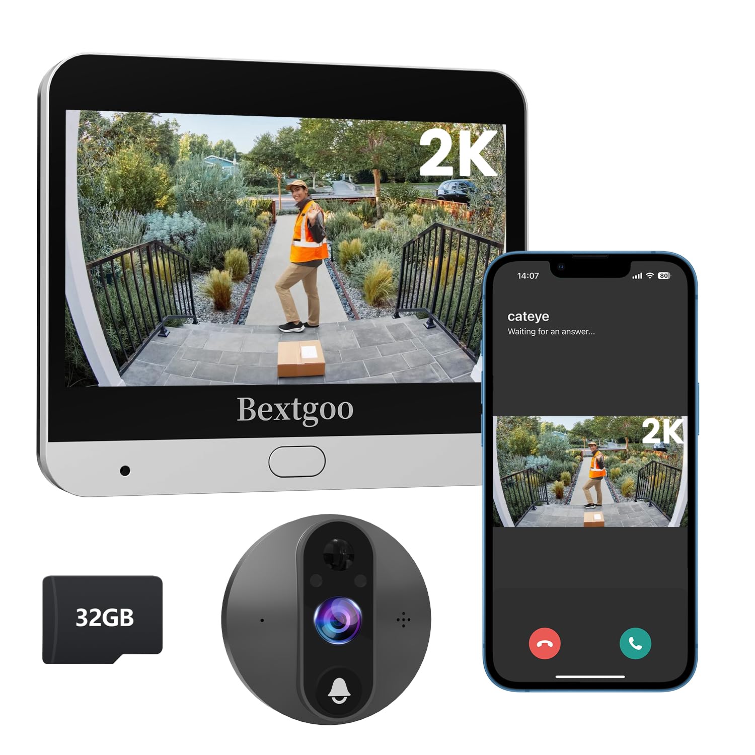 2K Door Peephole Camera (Door View Cam) with 32GB Memory Card