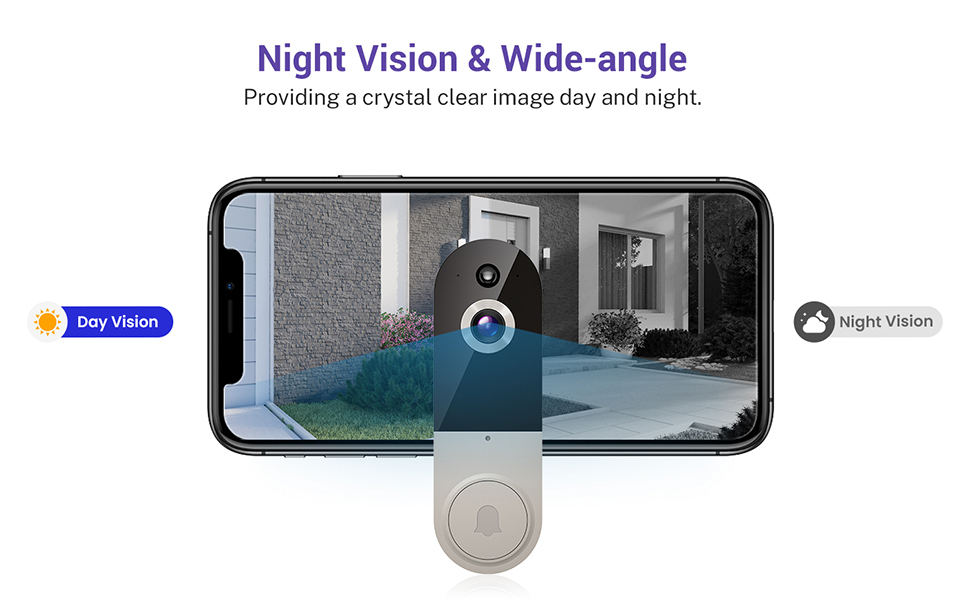 Delivery person placing package at doorstep. Inset shows person using smartphone. Text overlay describes two-way audio feature for remote delivery management.