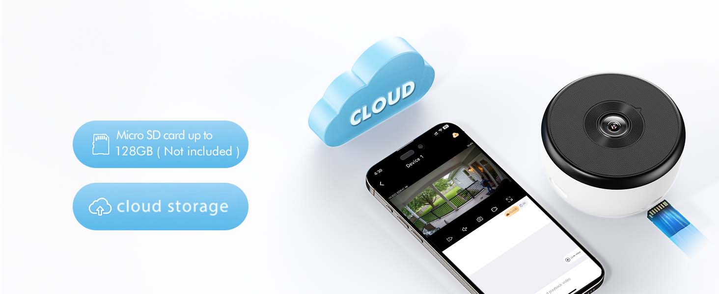 Product images showing cloud storage device components including smartphone interface, storage unit with blue accents, and circular black disk component.