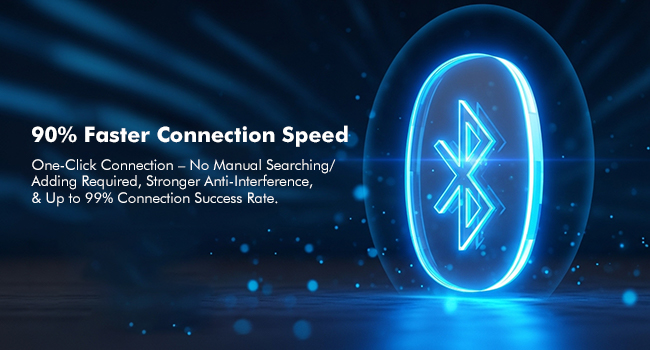 Text reads '90% Faster Connection Speed'. Glowing blue Bluetooth symbol with neon effect against dark background, suggesting enhanced connectivity features.