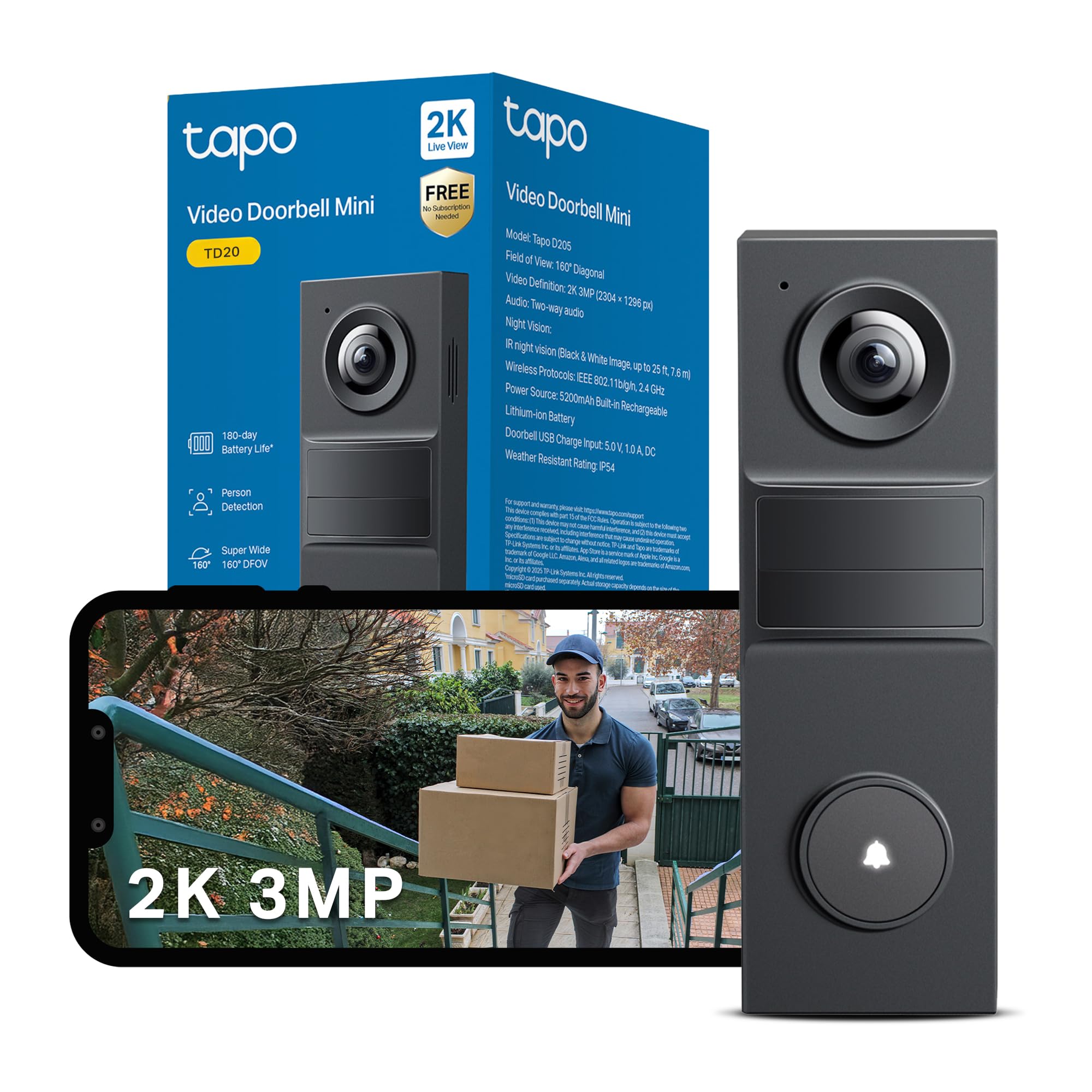 Tapo TD20 2K Battery Video Doorbell No Monthly fee