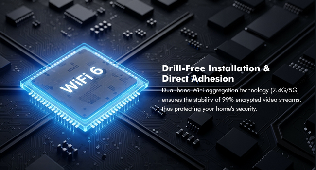Text reads: 'Drill-Free Installation & Direct Adhesion'. Circuit board imagery with glowing blue WiFi chip symbol, demonstrating wireless technology concept.