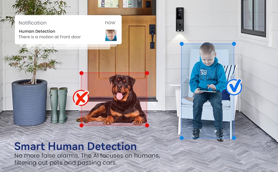 Person in blue shirt kneeling beside a cardboard box on a porch. Text mentions 'AI-Powered Delivery Protection'.