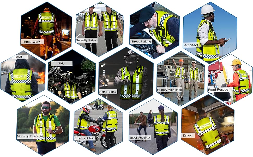 Collage of hexagonal images showing people in high-visibility safety vests and jackets in various work environments, including construction sites and traffic control.