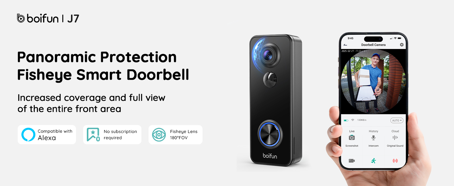 Smart doorbell with fisheye camera and smartphone app. Device features panoramic view and night vision. App shows live video feed and control options.