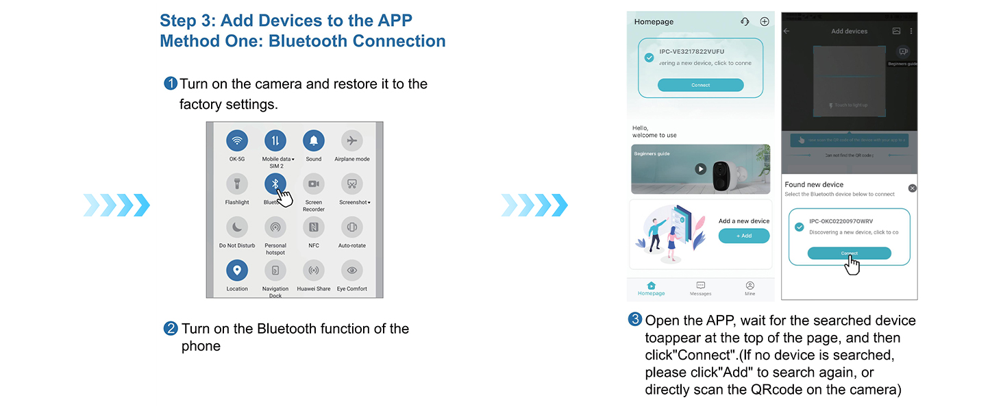Series of interface screenshots showing step-by-step setup instructions with blue arrow indicators between screens.