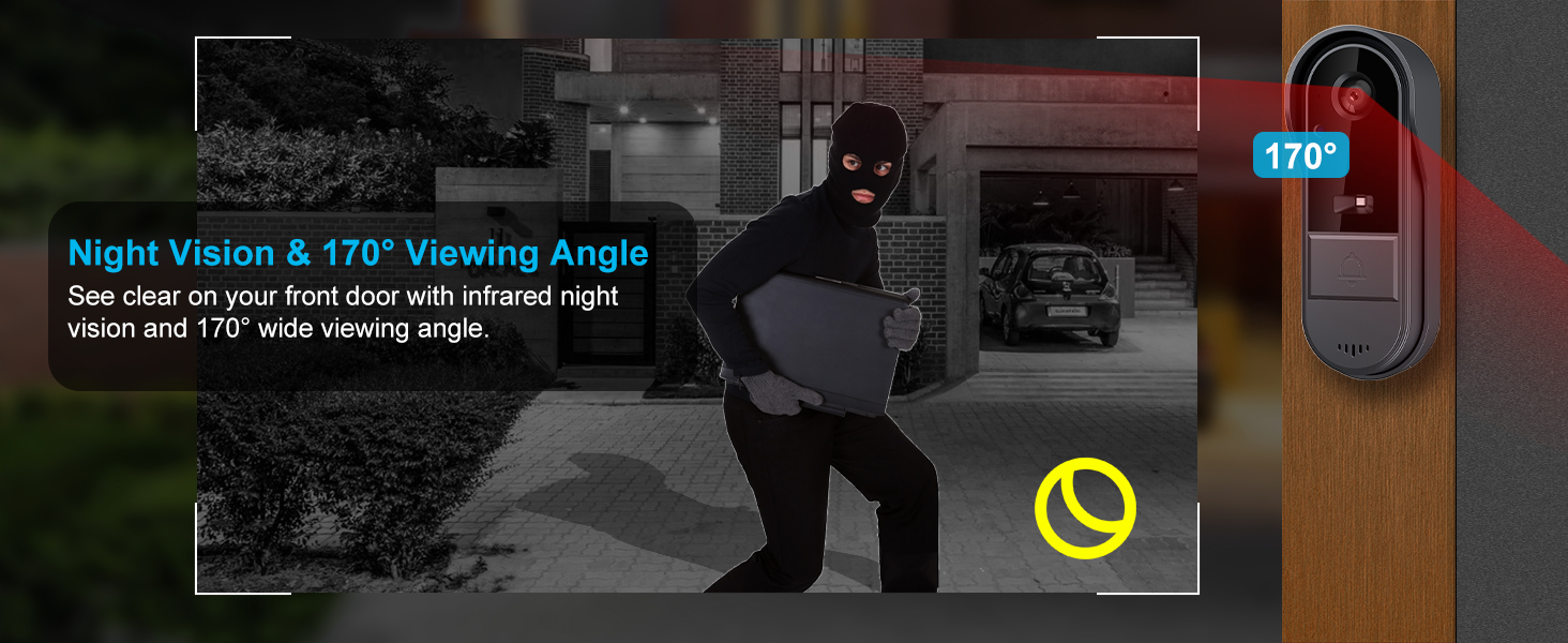 Text includes 'Night Vision & 170° Opening Angle'. Security camera footage showing night vision capability with timestamp and viewing angle indicators.