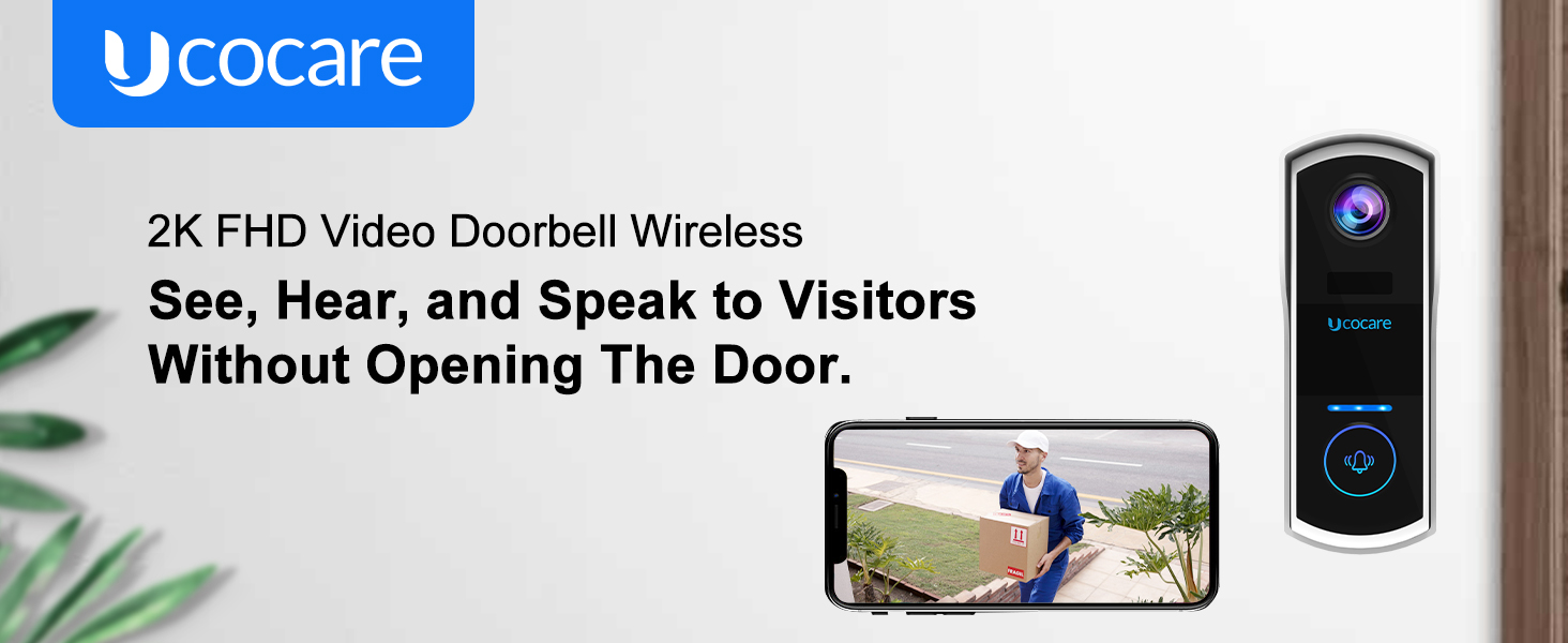 Wireless video doorbell with 2K FHD capability. Image shows doorbell unit and smartphone displaying live video feed of a visitor.