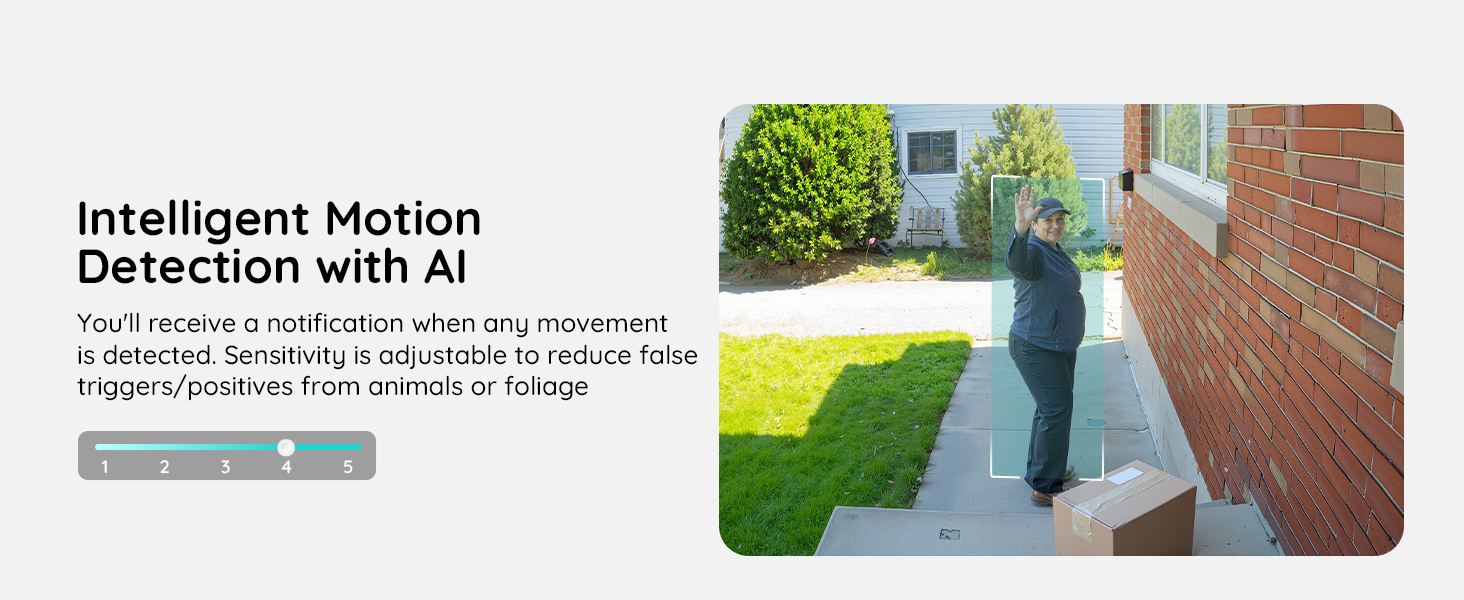 Outdoor security camera system with AI motion detection. Image shows a person near a house, demonstrating the camera's ability to detect movement in a residential setting.