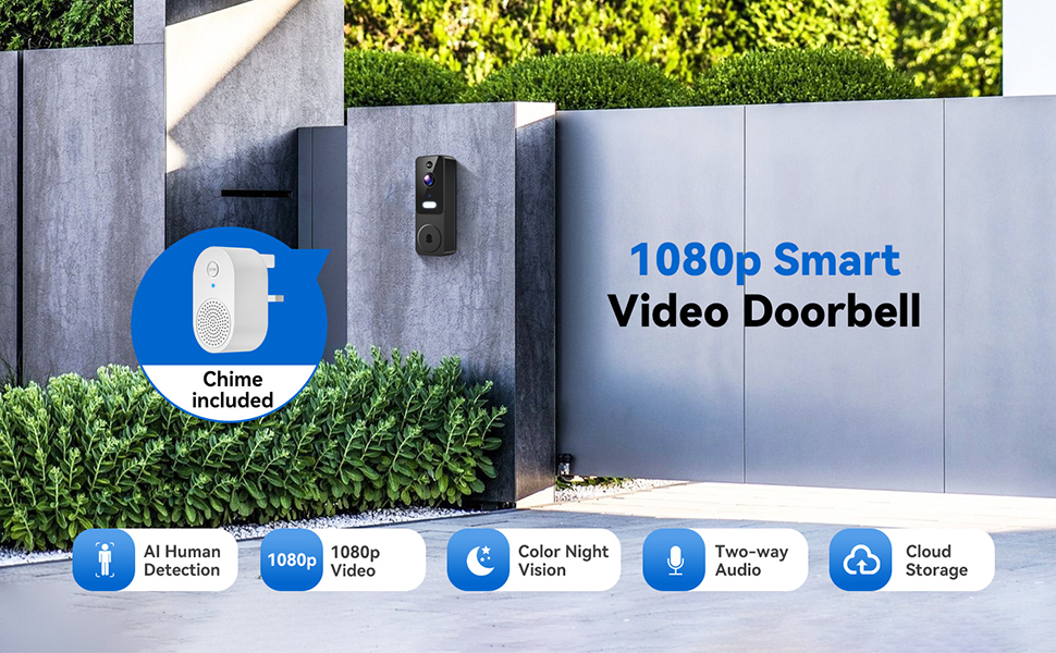 1080p smart video doorbell with features including cloud storage, AI motion detection, color night vision, two-way audio, and cloud storage displayed on concrete wall.