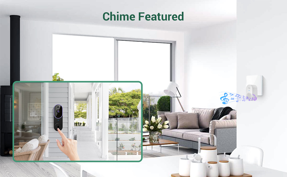 Modern living room with smart home device controlling sliding glass door. Text overlay reads 'Chime Featured'.