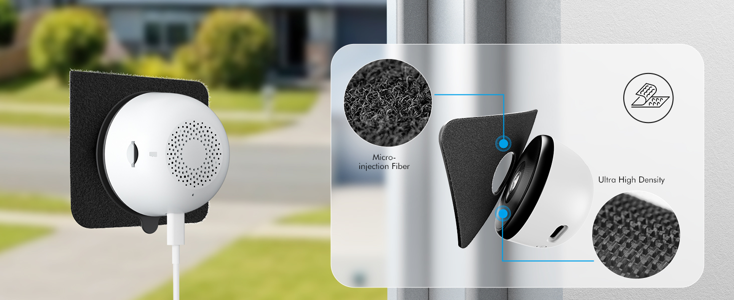 Sequence showing a white spherical device with textured surface patterns. Multiple angles display speaker grilles, charging ports, and a minimalist design with blue accent details.