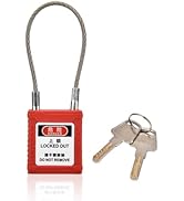 Text reads 'DANGER'. Red plastic lockout device with attached cable, designed for safety lockout procedures.