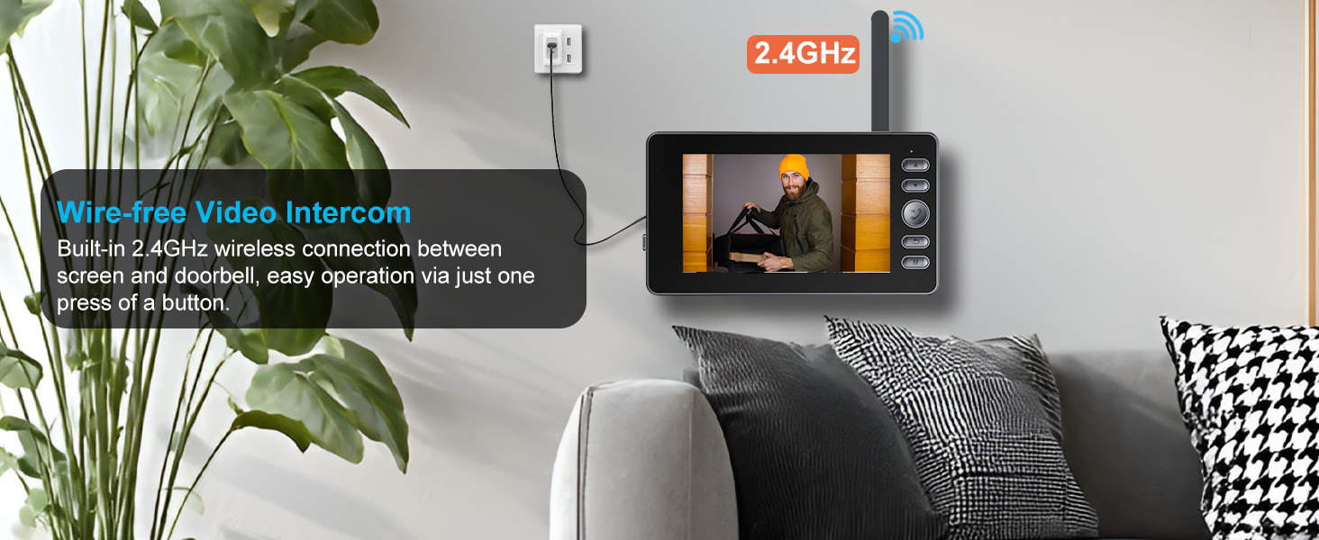 Text reads: 'Z.light'. Interior scene showing wall-mounted video intercom display screen next to gray sofa and decorative plant.