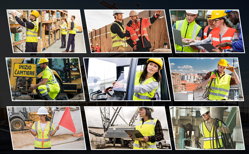 Collage of construction workers in safety gear. Various scenes show workers in high-visibility vests and hard hats on job sites, operating equipment, and reviewing documents.