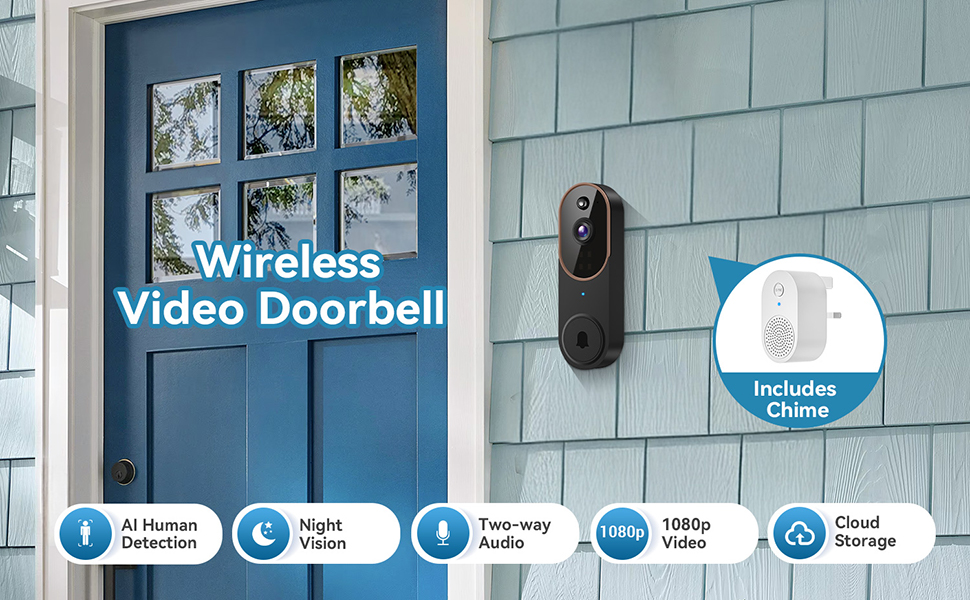 Wireless video doorbell mounted on blue door. Features include AI human detection, night vision, two-way audio, 1080p video, and cloud storage. Includes separate chime unit.