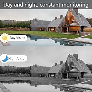 Black video doorbell with 110-degree wide-angle camera lens. Device shown against backdrop of suburban house, illustrating its field of view. Features camera, speaker grille, and doorbell button.