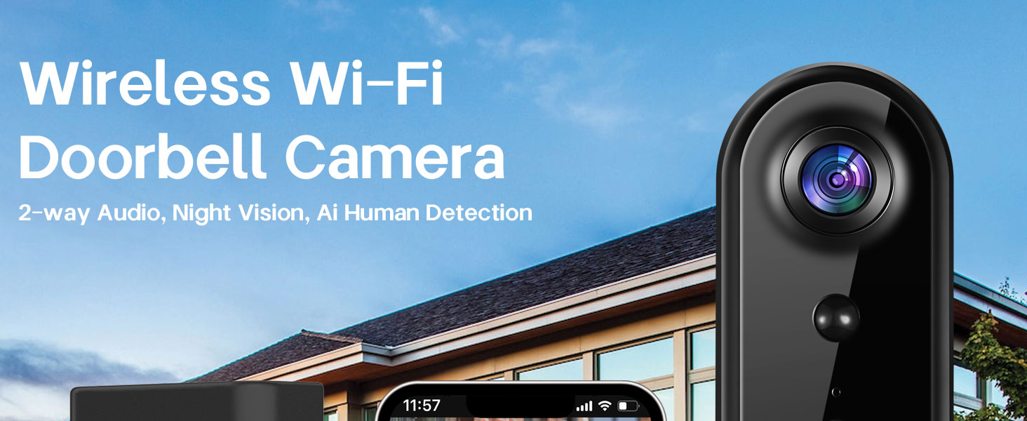 Wireless Wi-Fi doorbell camera with 2-way audio, night vision, and AI human detection. Shows device and smartphone app interface displaying live video feed from the camera.