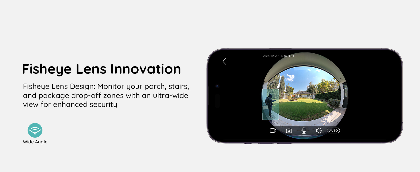 Smart doorbell with fisheye lens displaying wide-angle view of outdoor area. Screen shows green lawn through circular lens, with interface buttons visible.