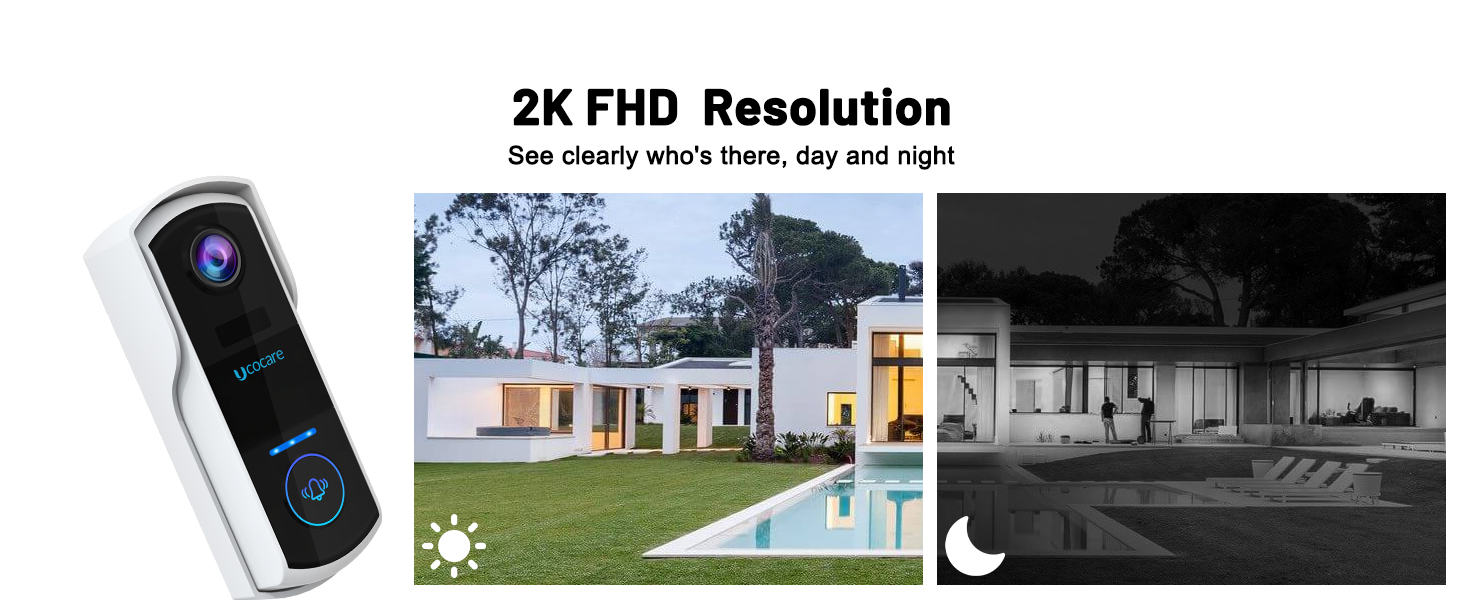 Smart doorbell camera with 2K FHD resolution. Shows day, night, and infrared vision capabilities. Modern house exterior visible in sample images.