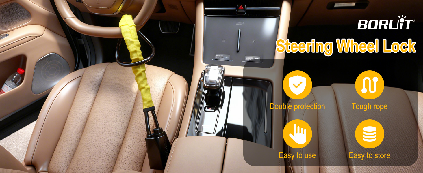 Text reads 'Steering Wheel Lock'. Series of images demonstrating yellow steering wheel security device installation process.