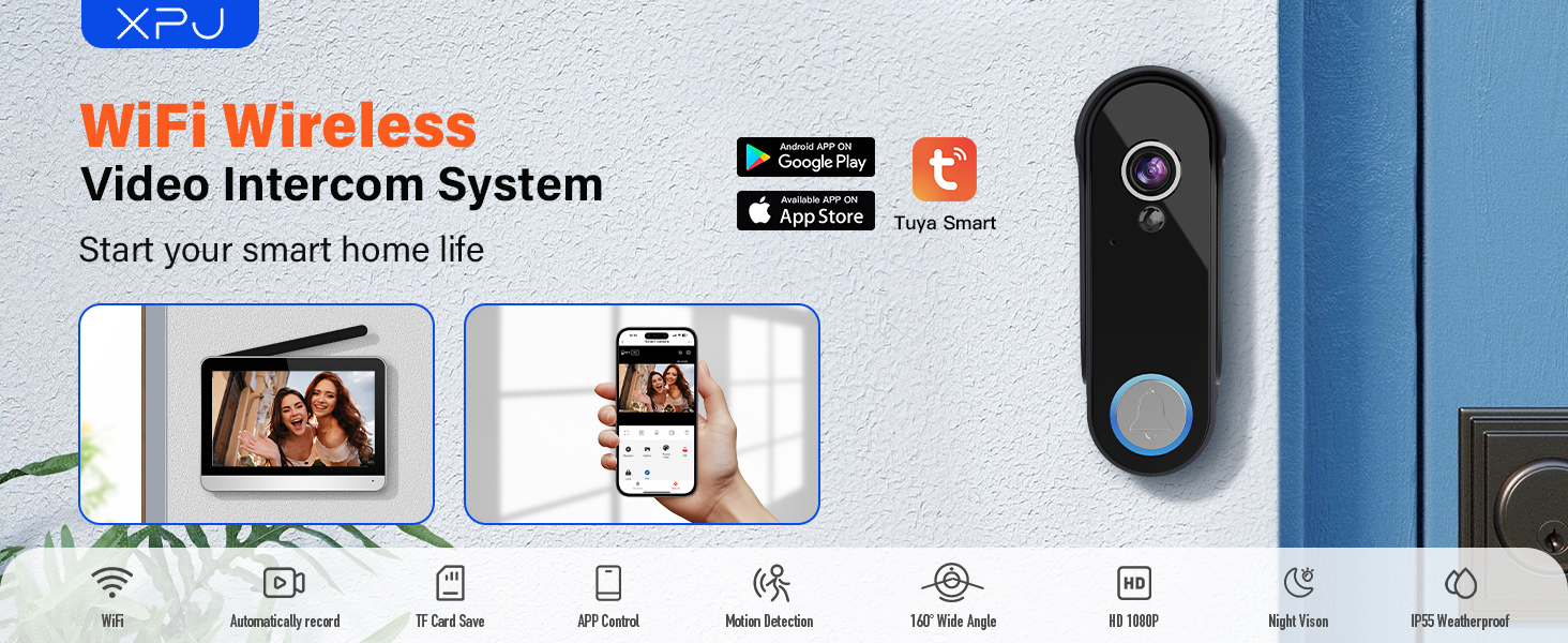 Text reads 'WIFI Wireless Video Intercom System'. Product diagram showing wireless doorbell system components including mobile app interface, camera unit, and installation setup.